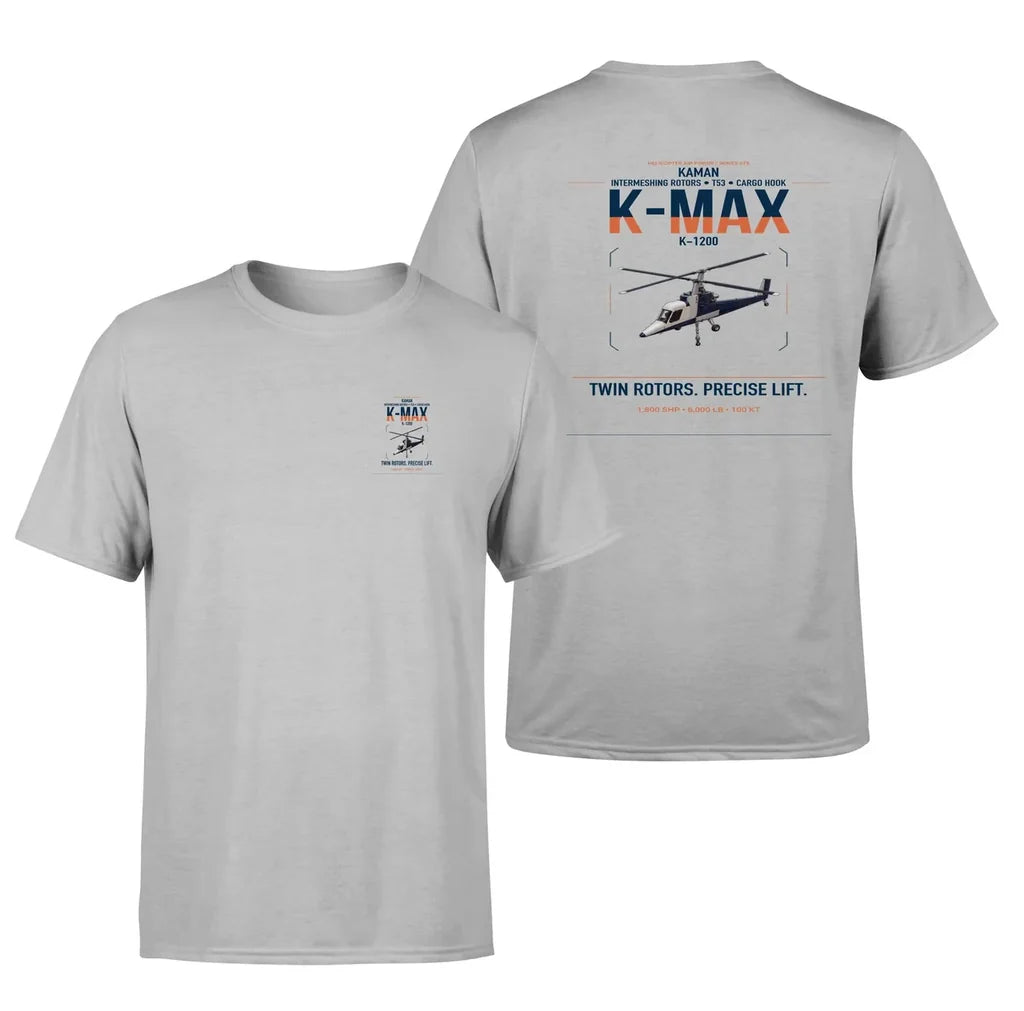 Kaman K-1200 K-MAX design on light gray t-shirt, double-side print