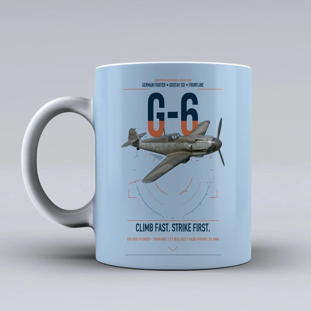 Messerschmitt Bf 109G-6 design on light blue ceramic mug, double-side print