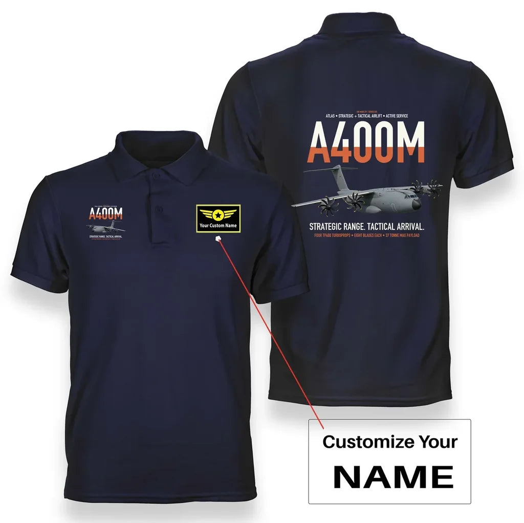 Airbus A400M Atlas design on navy blue+name double-side polo t-shirt, double-side print