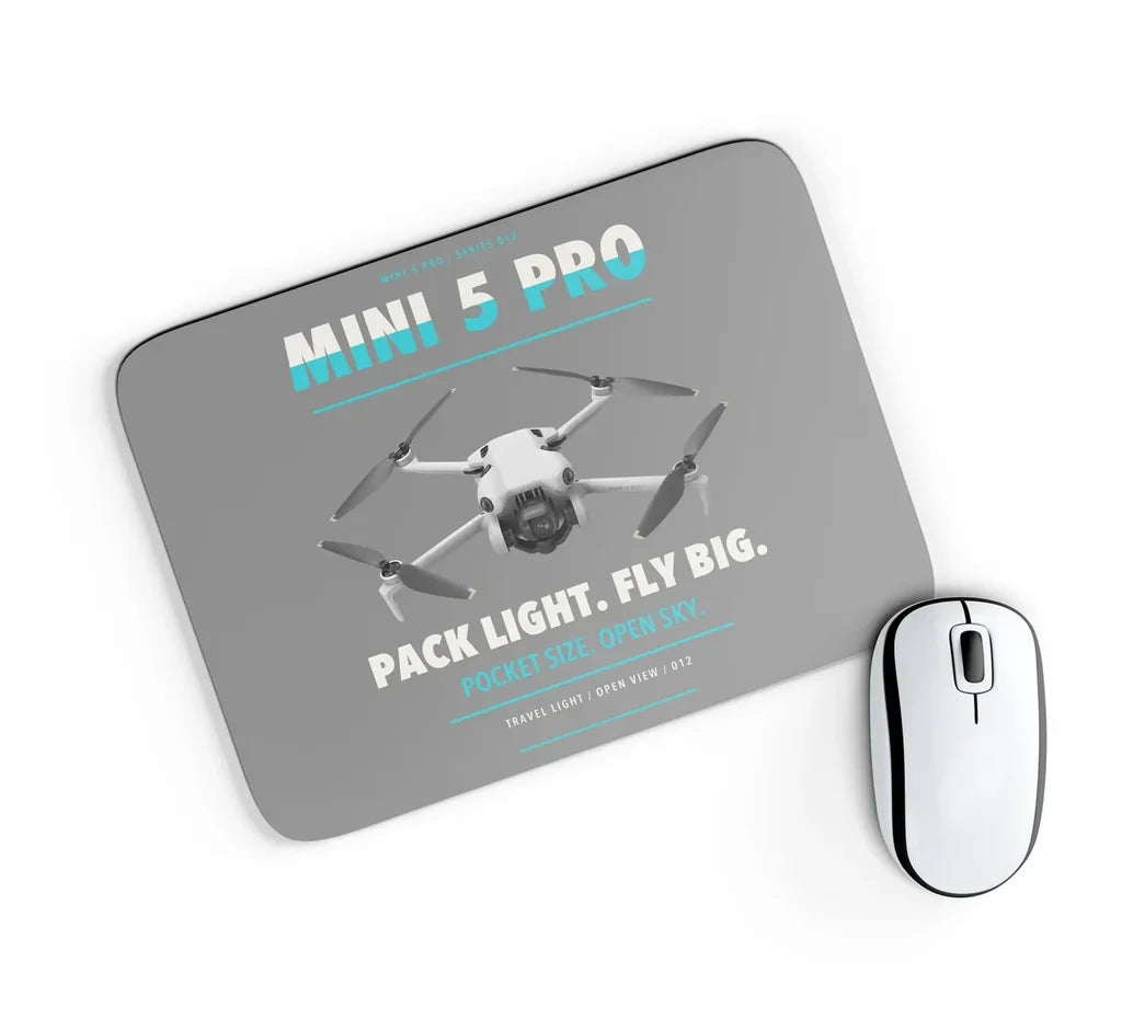DJI Mini 5 Pro design on gray rectangle mouse pad