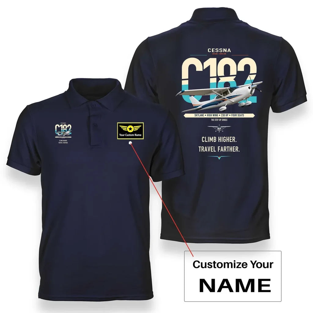 Cessna 182 Skylane design on navy blue+name double-side polo t-shirt, double-side print