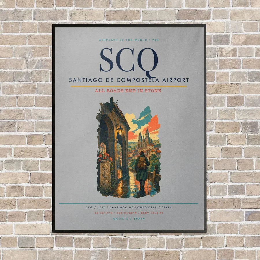 Santiago de Compostela Airport SCQ vertical canvas print - framed - light gray background