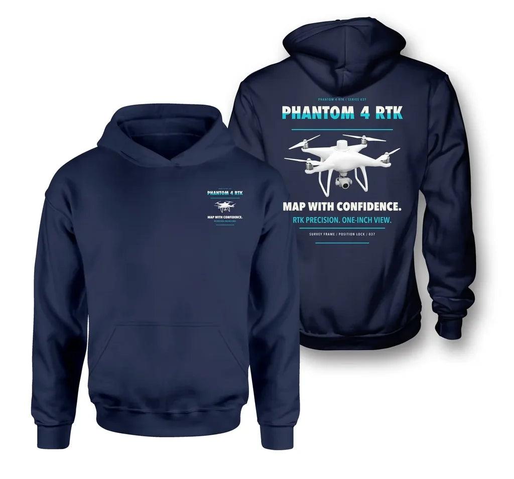 DJI Phantom 4 RTK design on navy blue hoodie