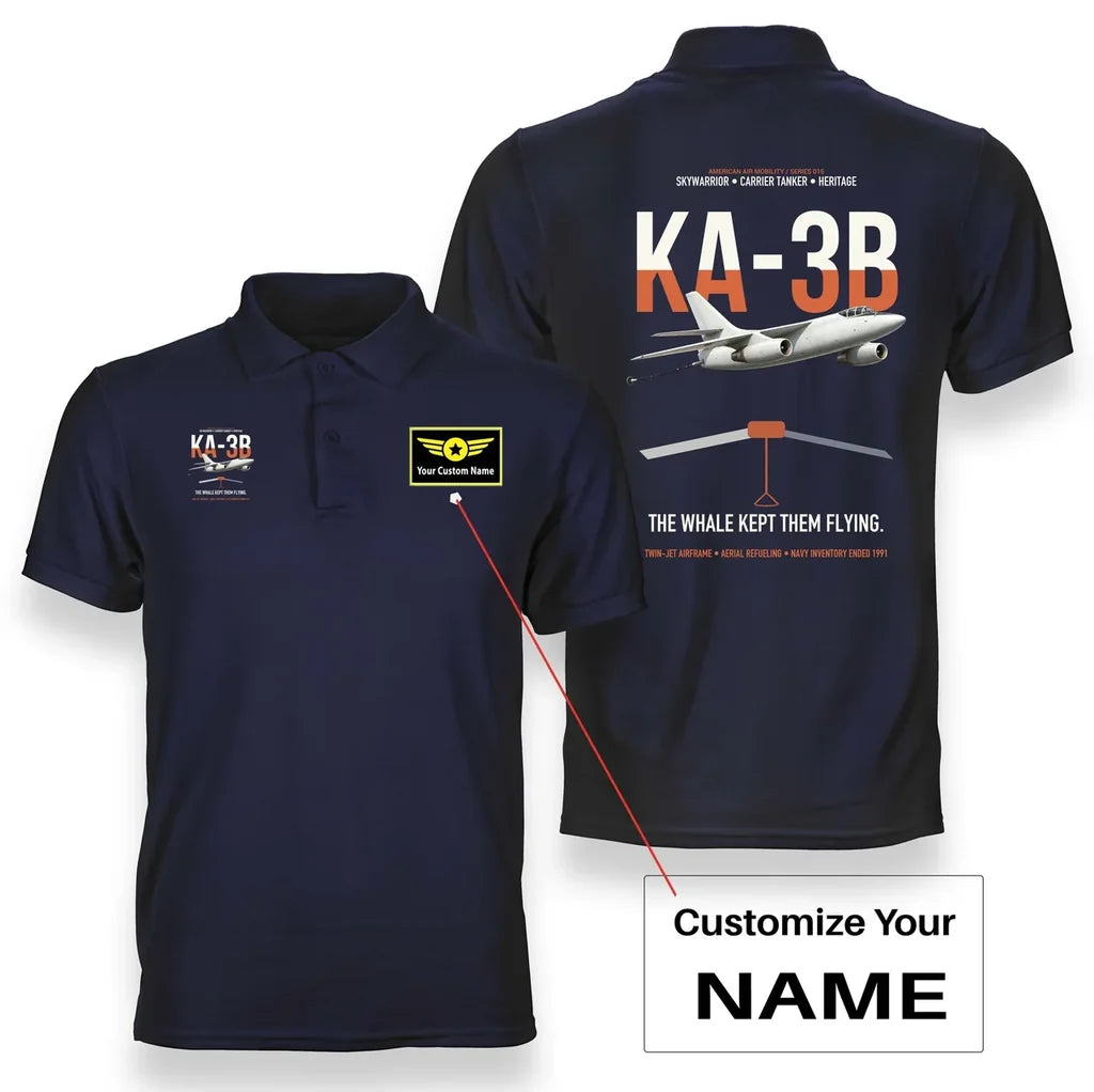 KA-3B Skywarrior design on navy blue+name double-side polo t-shirt, double-side print