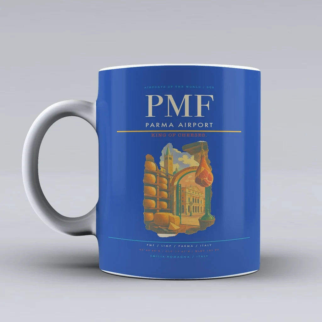 Parma Airport (PMF) airport code design on blue ceramic mug