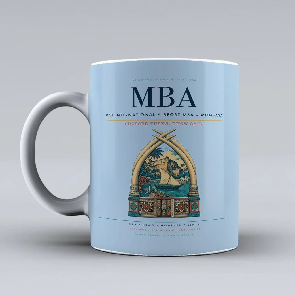 International Airport MBA — Mombasa Mug design on light blue moi