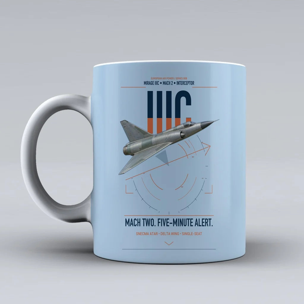 Dassault Mirage IIIC design on light blue ceramic mug, double-side print