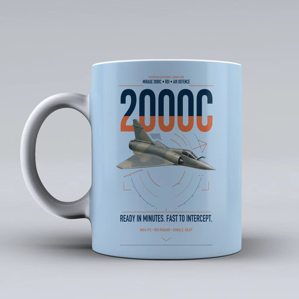 Dassault Mirage 2000C RDI design on light blue ceramic mug, double-side print