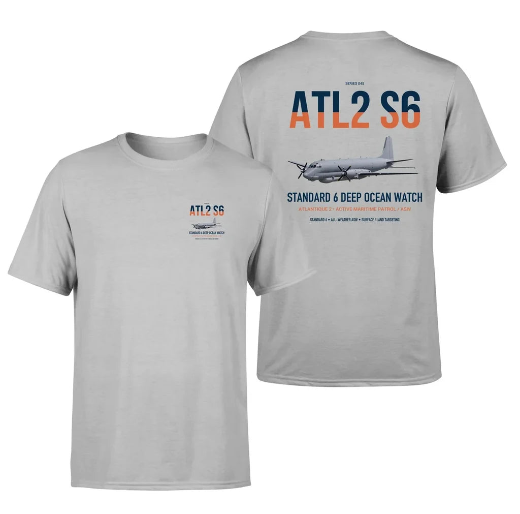 Atlantique 2 Standard 6 design on light gray double-side t-shirt, double-side print