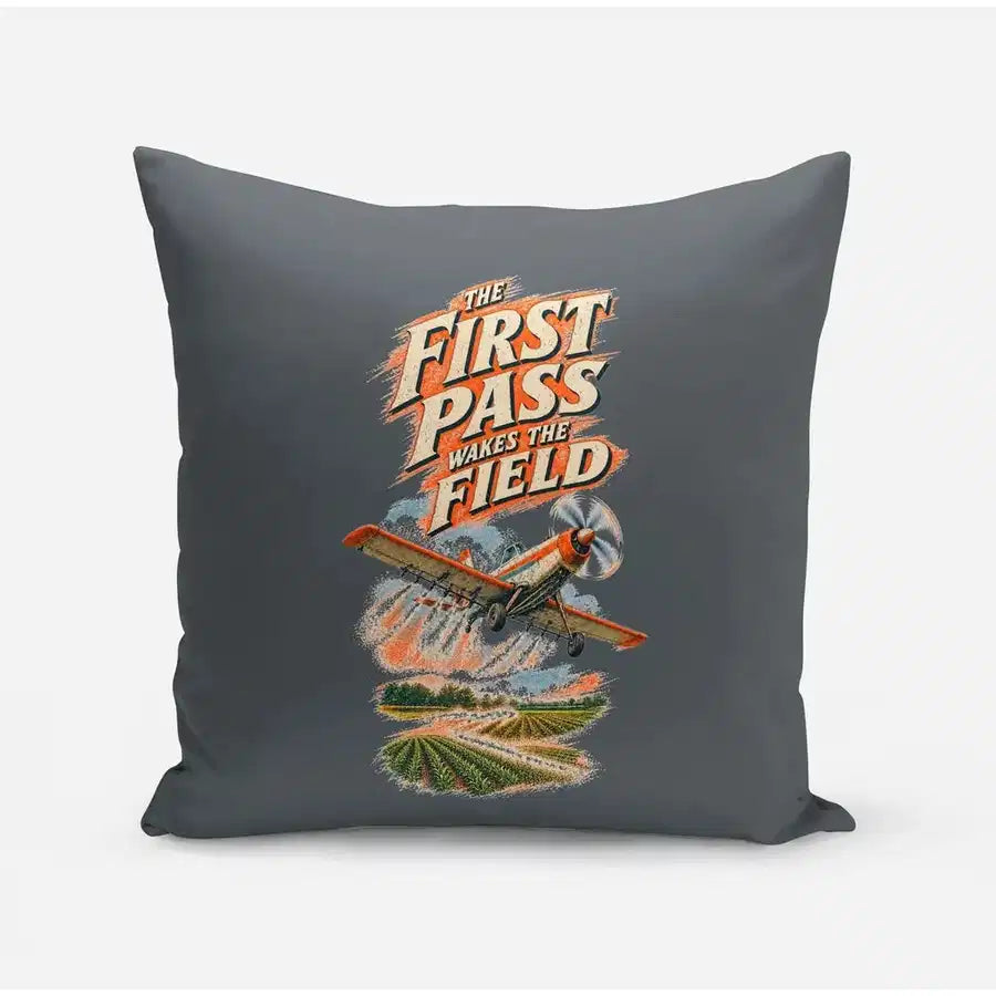 The First Pass Wakes The Field design on gray pillow