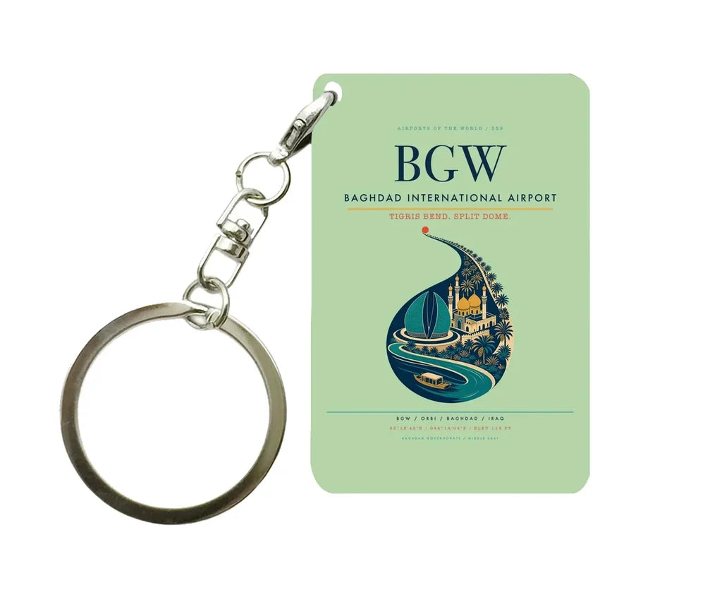 Baghdad International Airport BGW Key Chain design on light green key chain