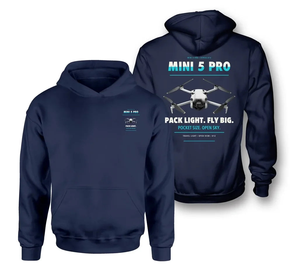DJI Mini 5 Pro design on navy blue hoodie