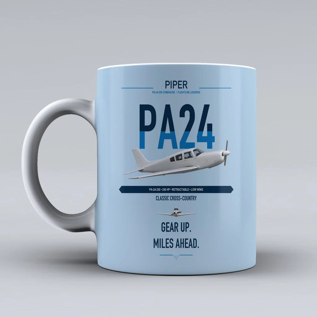 Piper PA-24-250 Comanche 250 design on light blue ceramic mug, double-side print