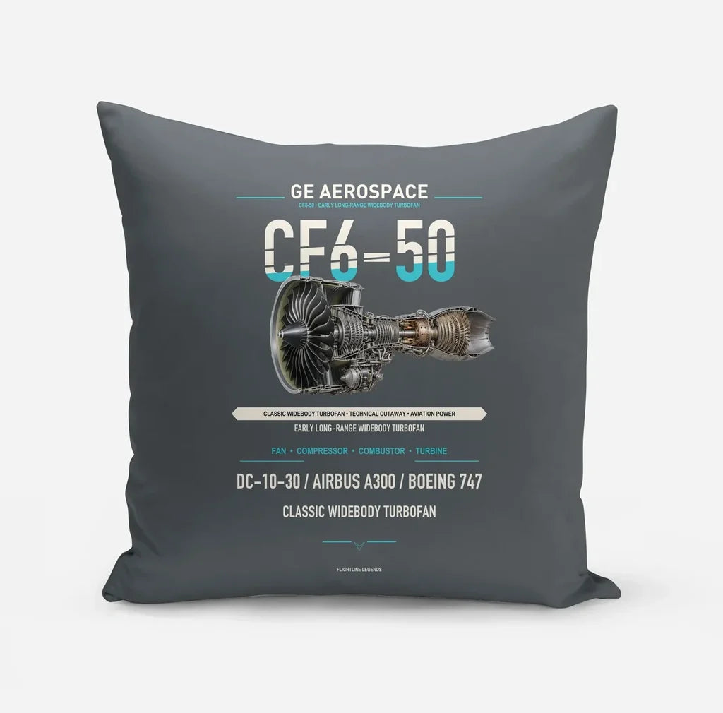 CF6-50 design on gray pillow
