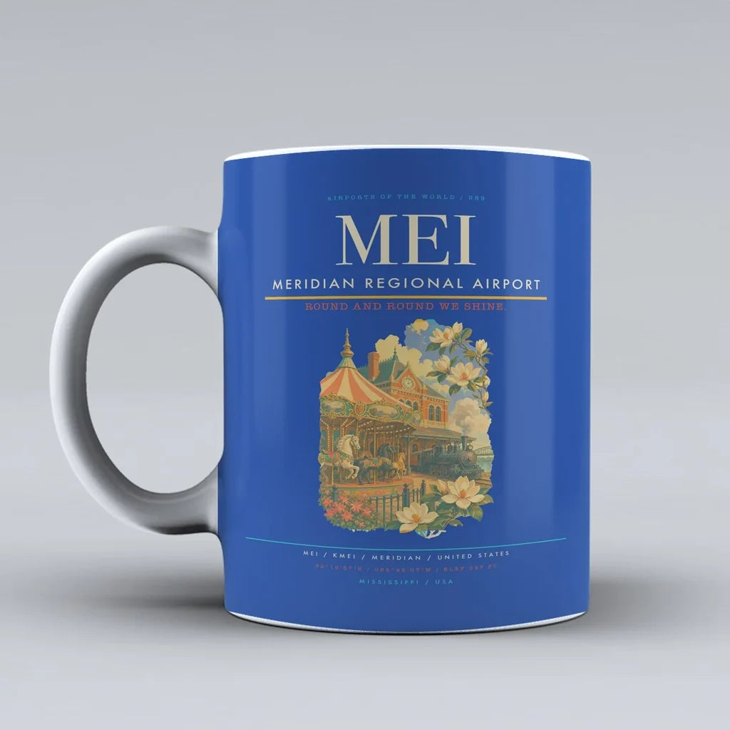 Meridian Regional Airport (MEI) airport code design on blue ceramic mug