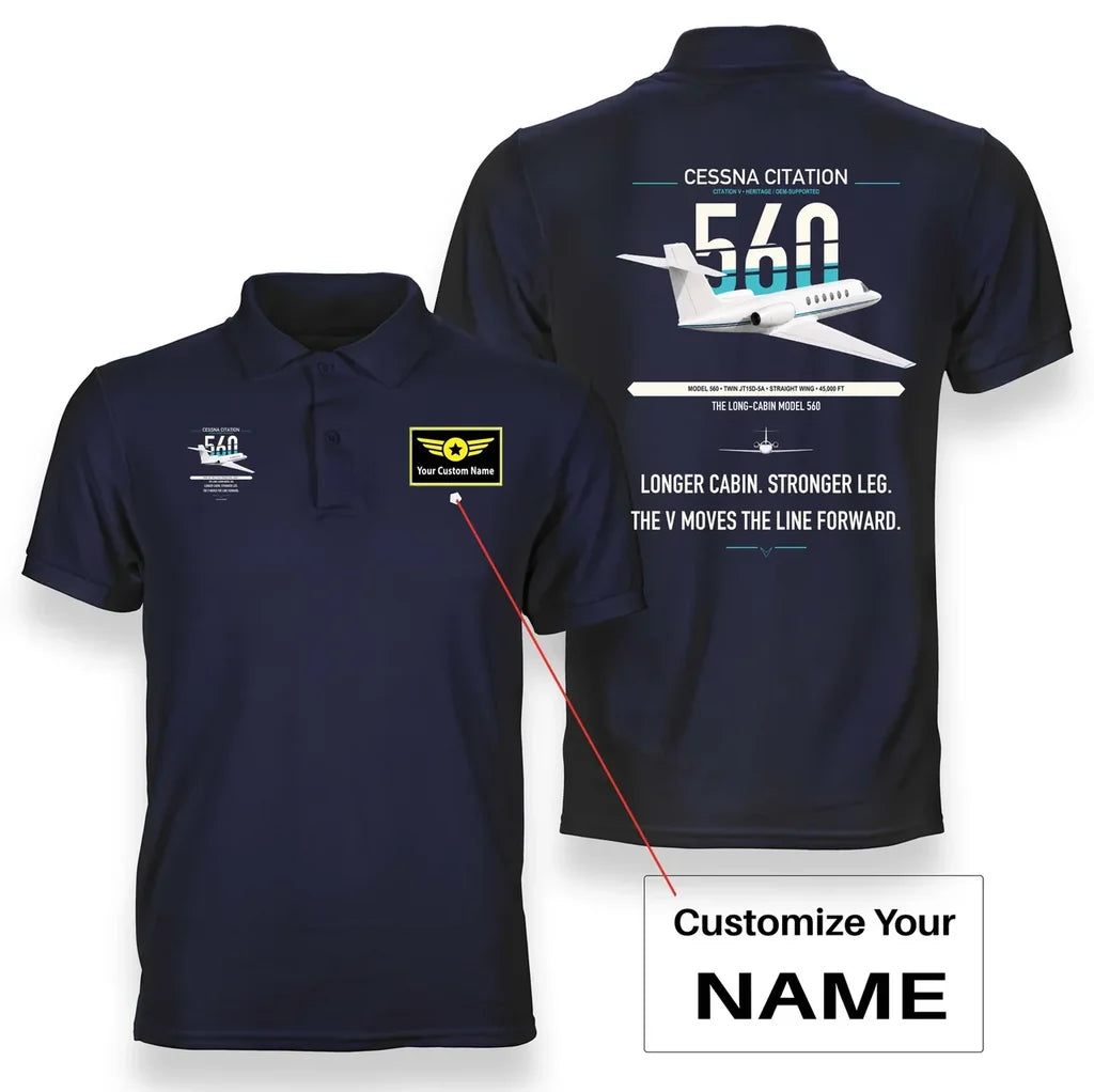 Cessna Citation 560 - Citation V design on navy blue+name double-side polo t-shirt, double-side print