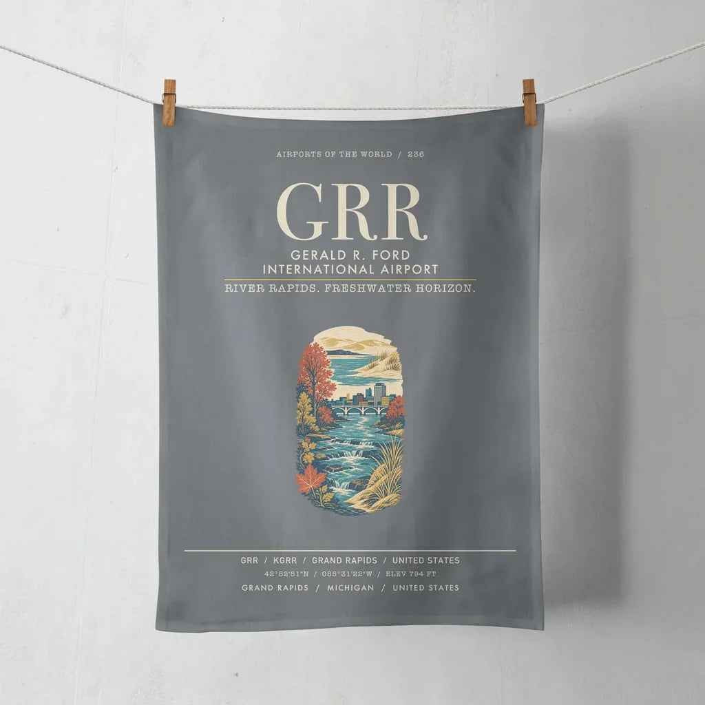Gerald R. Ford International Airport Grand Rapids (GRR) design on gray towel