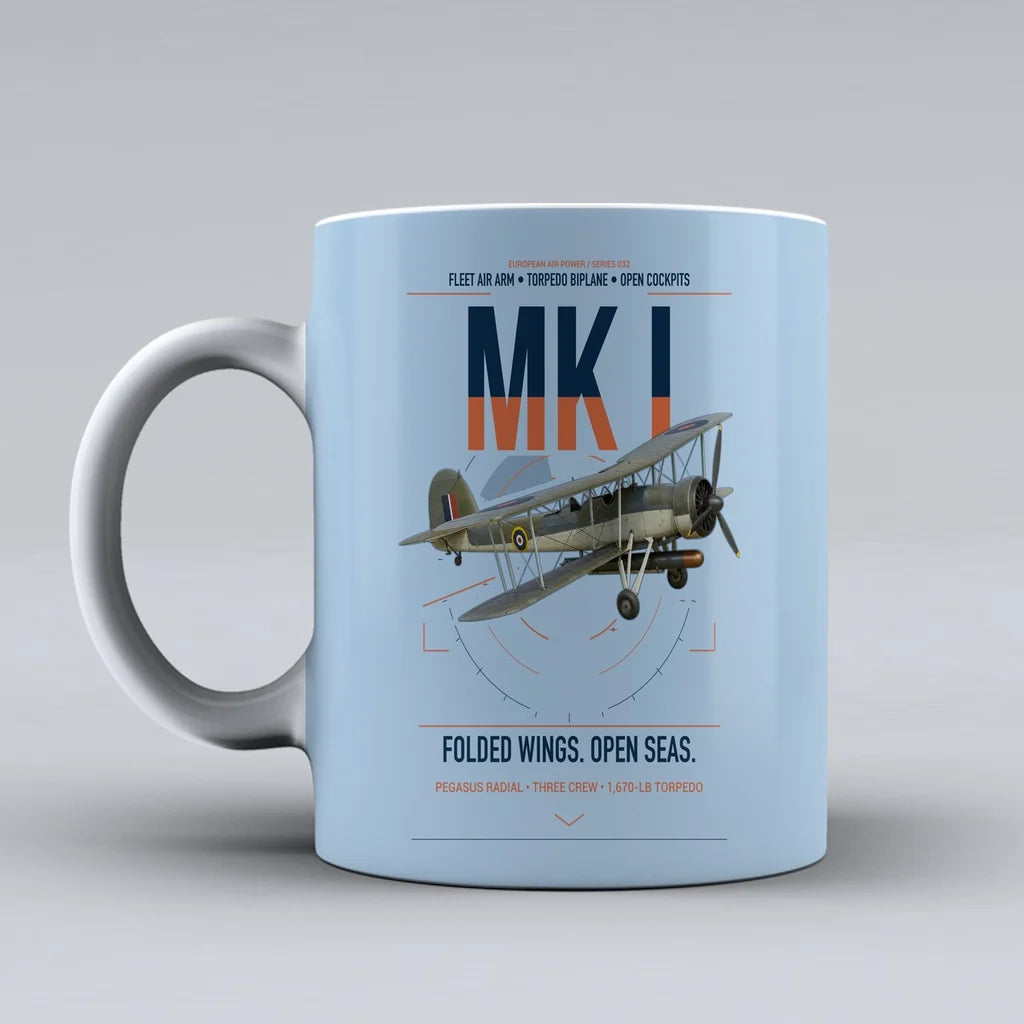 Fairey Swordfish Mk I design on light blue ceramic mug, double-side print