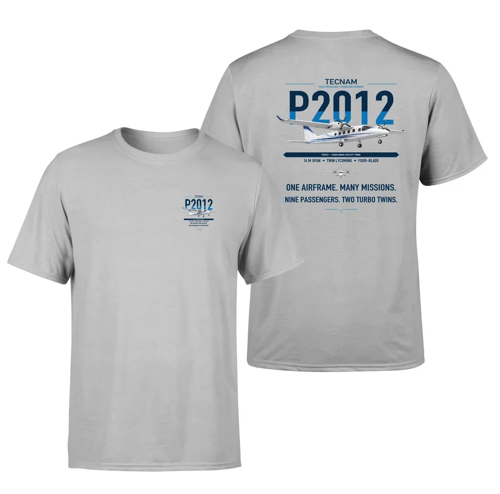 Tecnam P2012 Traveller design on light gray t-shirt, double-side print