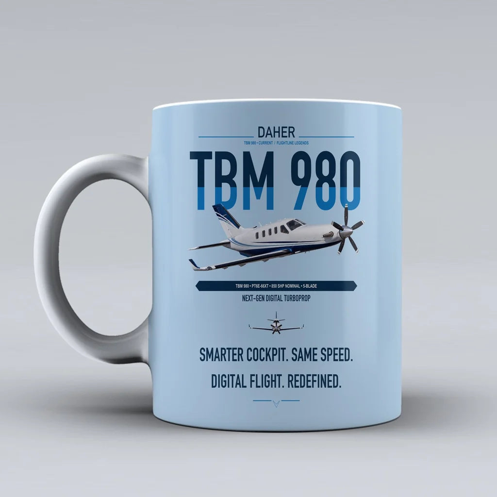 Daher TBM 980 design on light blue ceramic mug, double-side print