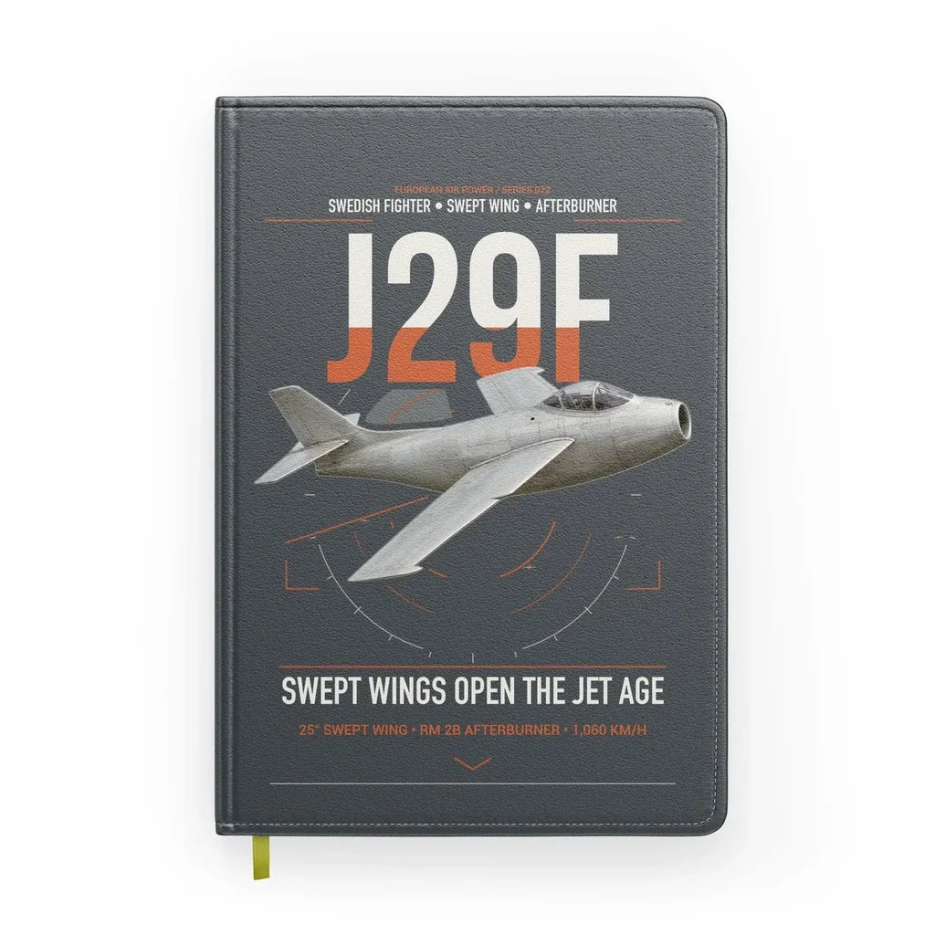 Saab J 29F Tunnan design on gray notebook