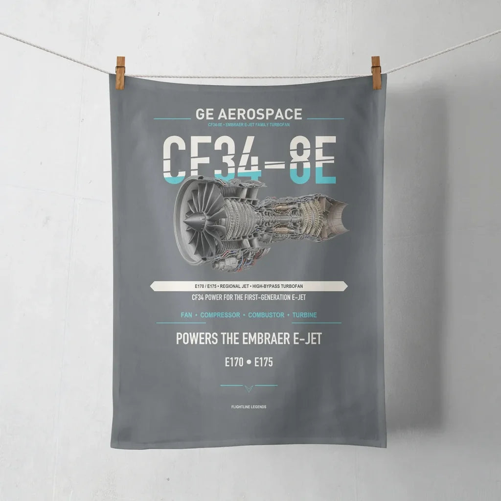 CF34-8E design on gray towel