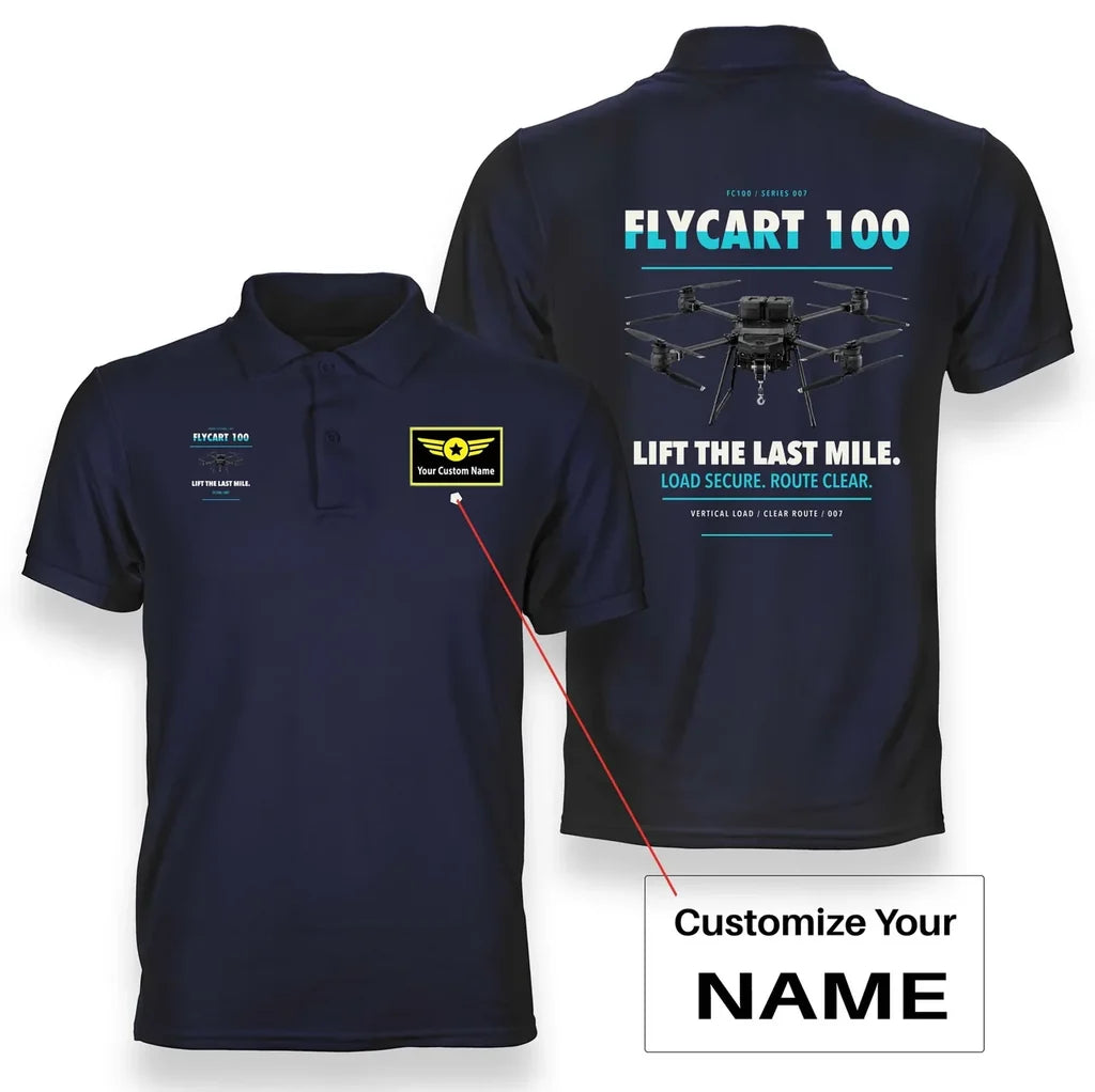 DJI FlyCart 100 design on navy blue polo with custom name badge