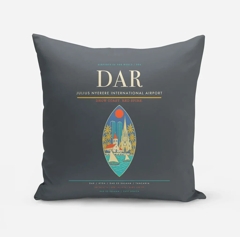 Julius Nyerere International Airport (DAR) design on gray pillow