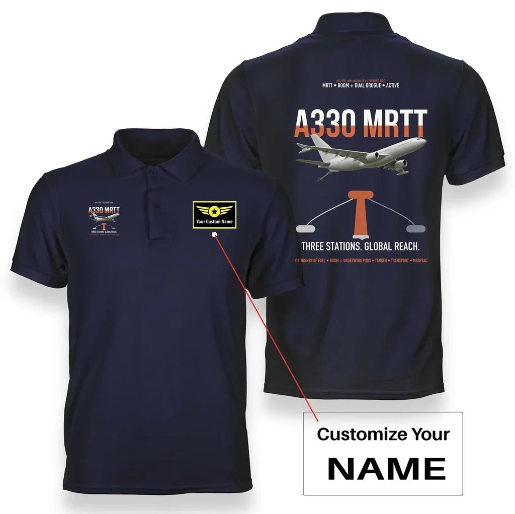 Airbus A330 MRTT design on navy blue+name double-side polo t-shirt, double-side print