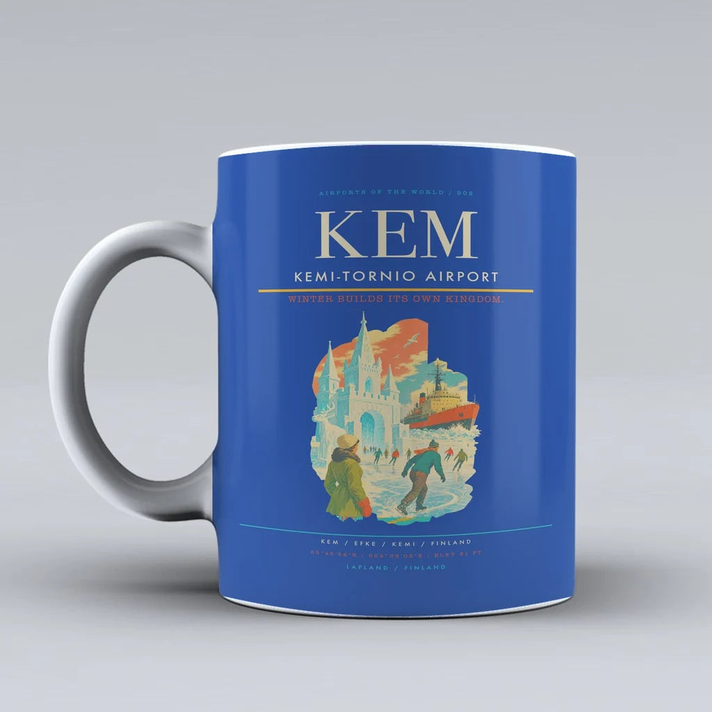 Kemi-Tornio Airport (KEM) airport code design on blue ceramic mug