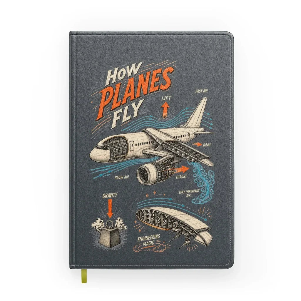 How Planes Fly V2 design on gray notebook