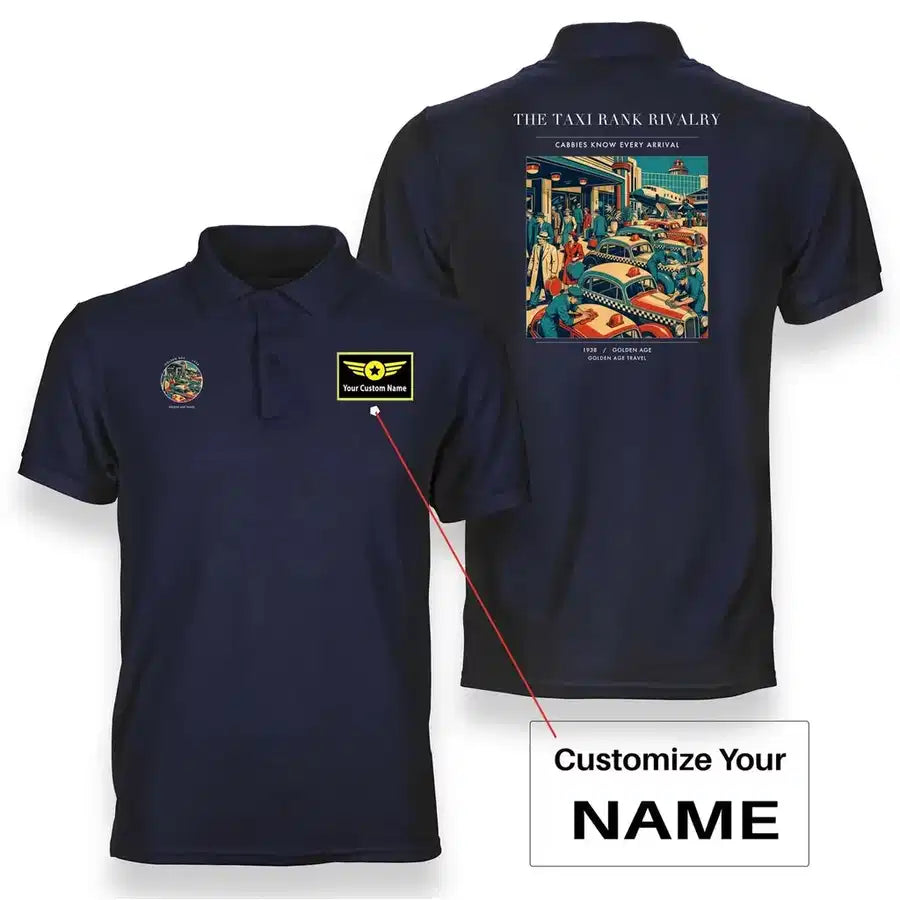VINTAGE G4376 - The Taxi Rank Rivalry - Double-Side Polo T-Shirt design on navyblue+name