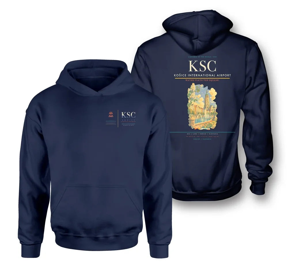 Košice International Airport (KSC) design on navy blue double-side hoodie