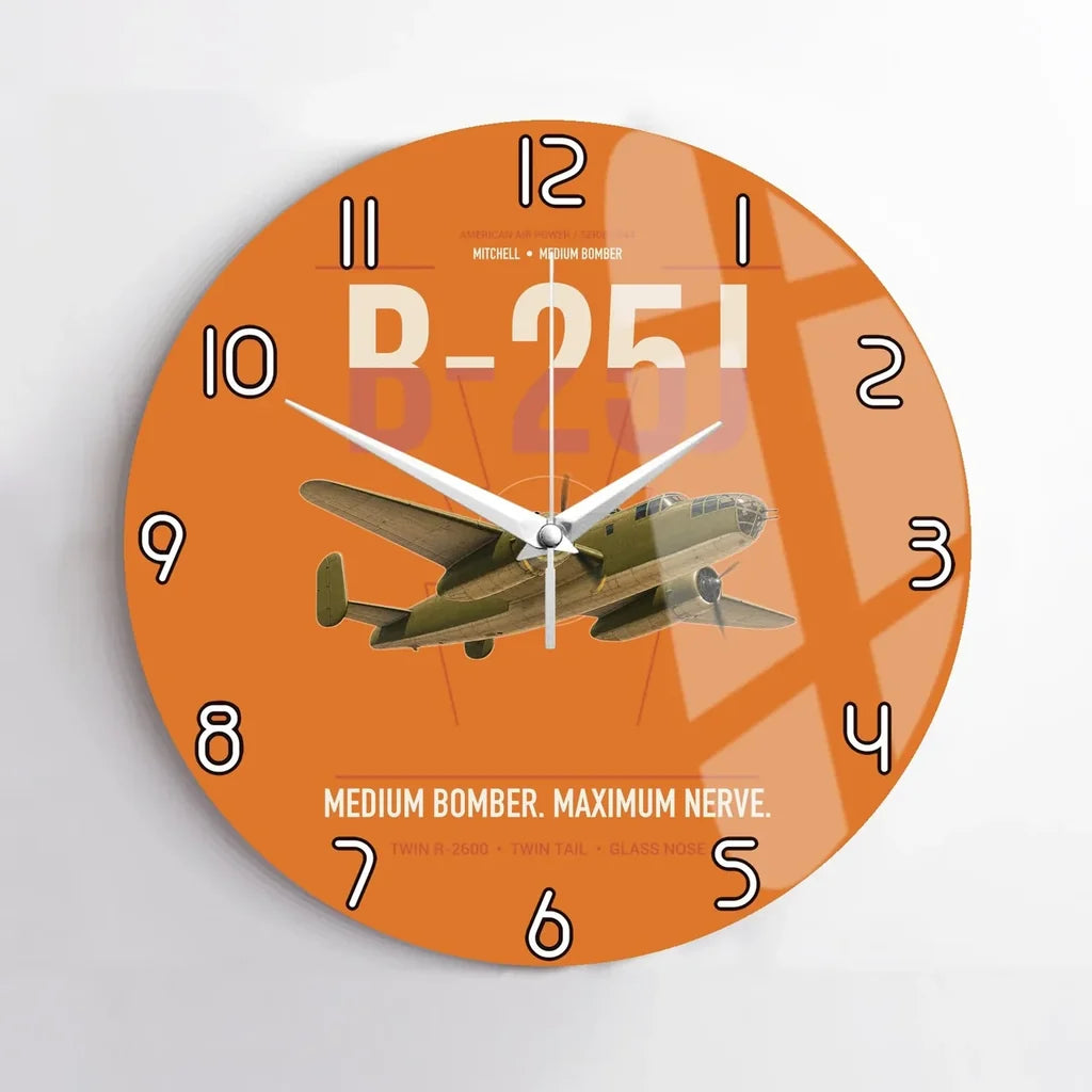 B-25J Mitchell design on orange no frame wall clock