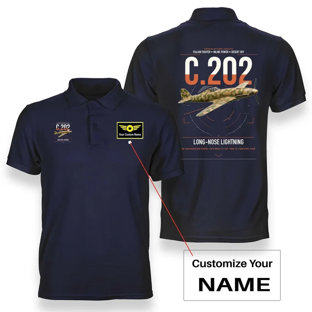 Macchi C.202 Folgore design on navy blue+name double-side polo t-shirt, double-side print