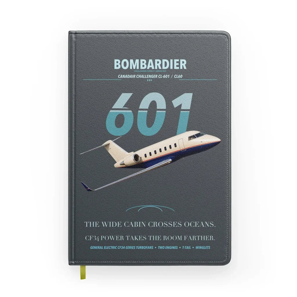 Bombardier Challenger 601 design on gray notebook