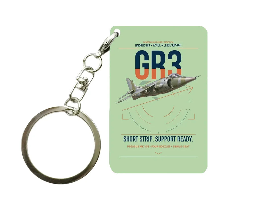 Hawker Siddeley Harrier GR3 design on light green designed key chain, double-side print