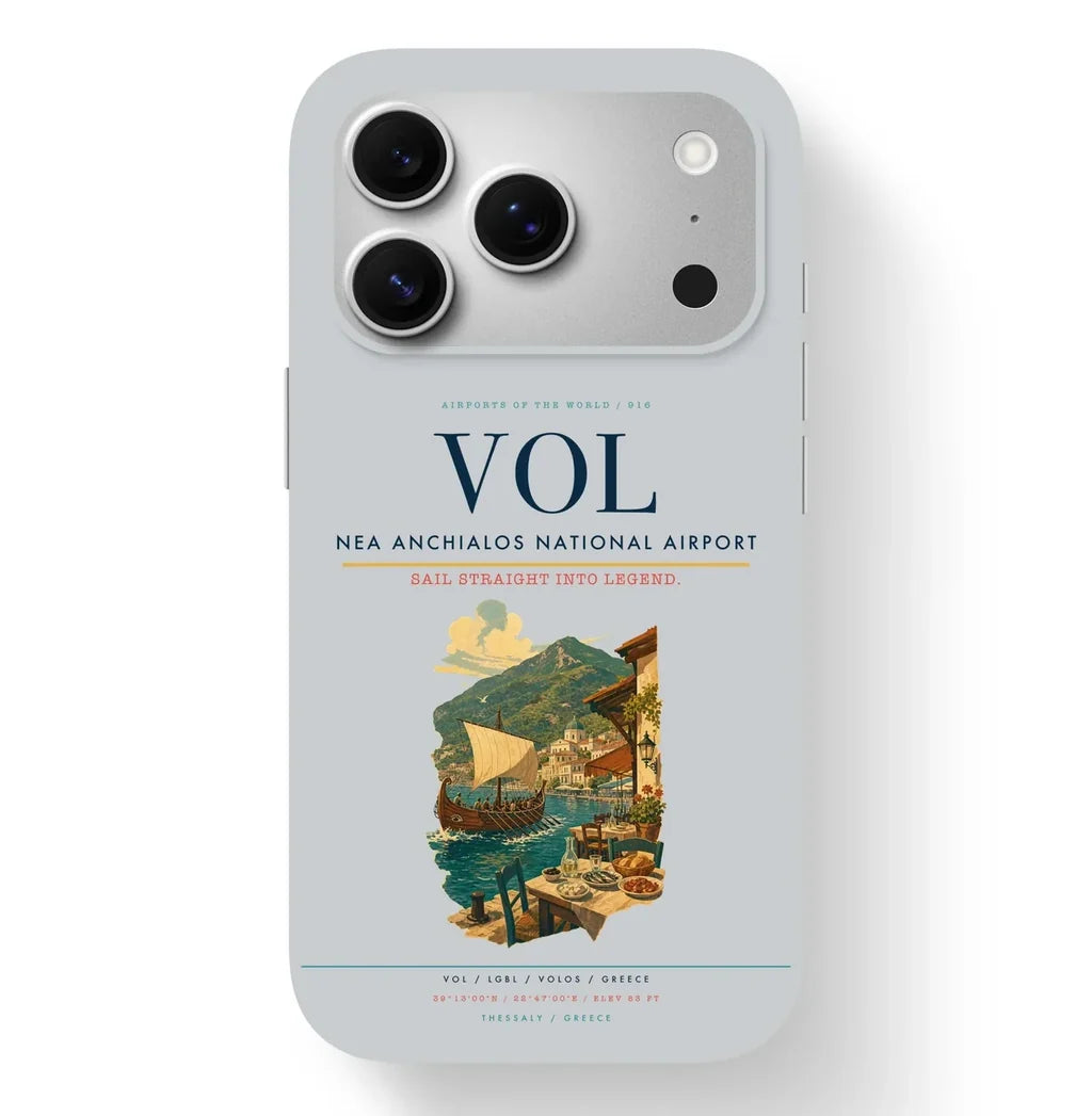 Volos Airport (VOL) design on light gray iPhone 17 Pro MagSafe case