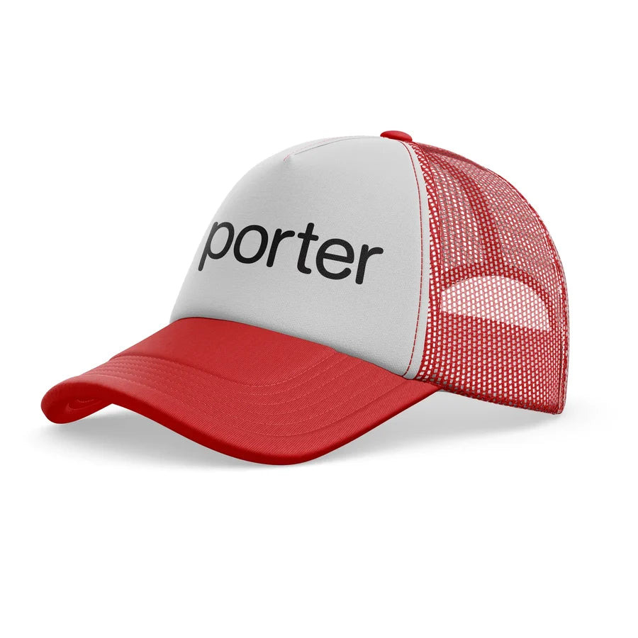 Porter Airlines aviation design printed on red trucker cap