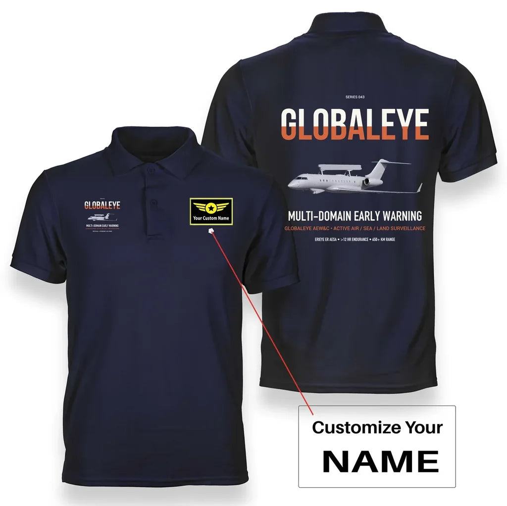 Saab GlobalEye design on navy blue+name double-side polo t-shirt, double-side print