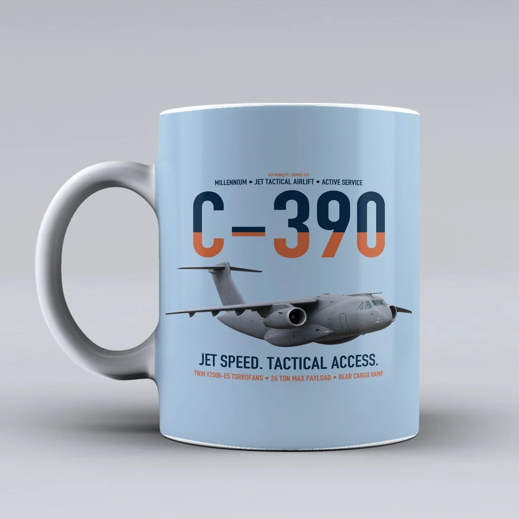 C-390 Millennium design on light blue ceramic mug, double-side print
