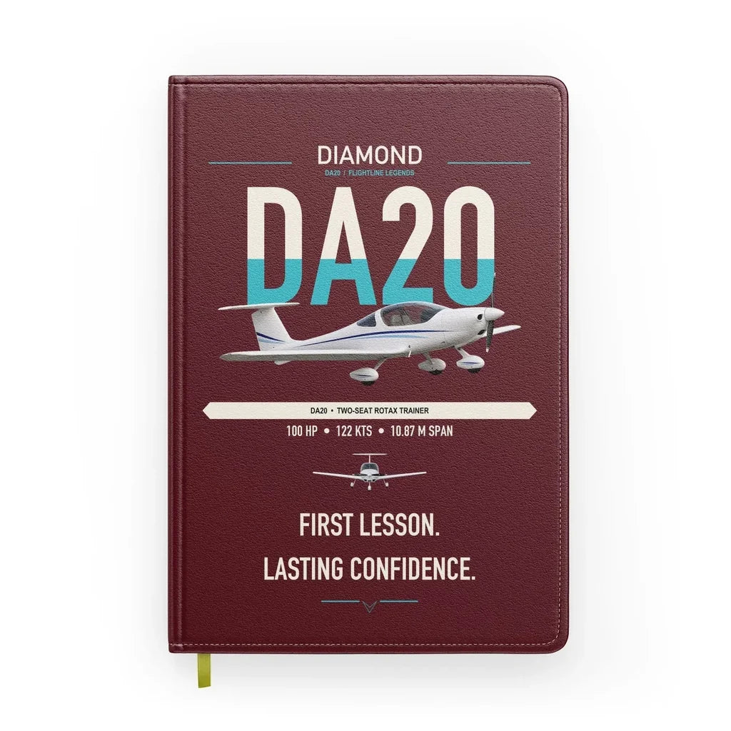 Diamond DA20 design on dark red notebook