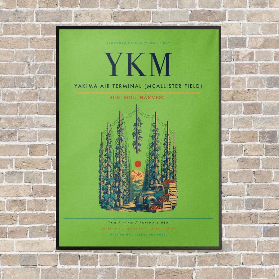 Yakima Air Terminal (McAllister Field) YKM vertical canvas print - framed - light green background