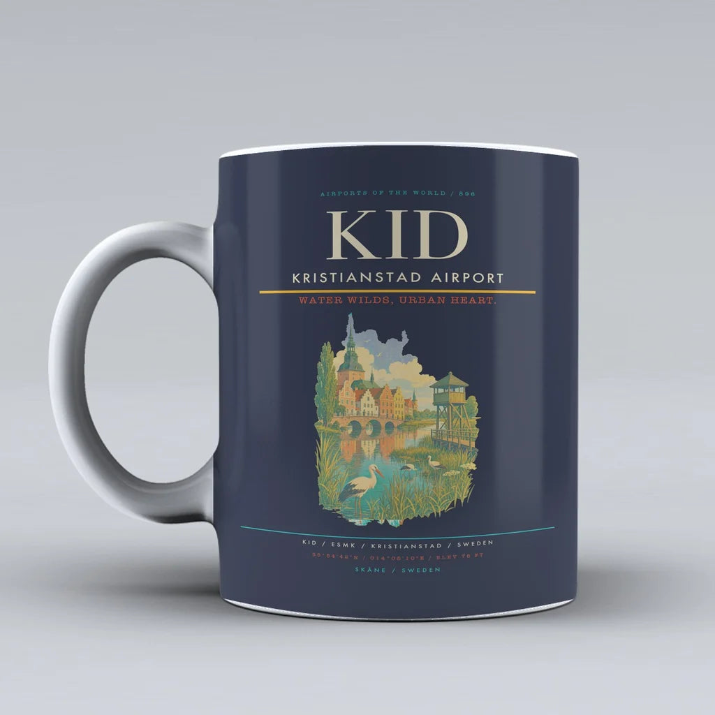 Kristianstad Airport (KID) airport code design on dark blue ceramic mug