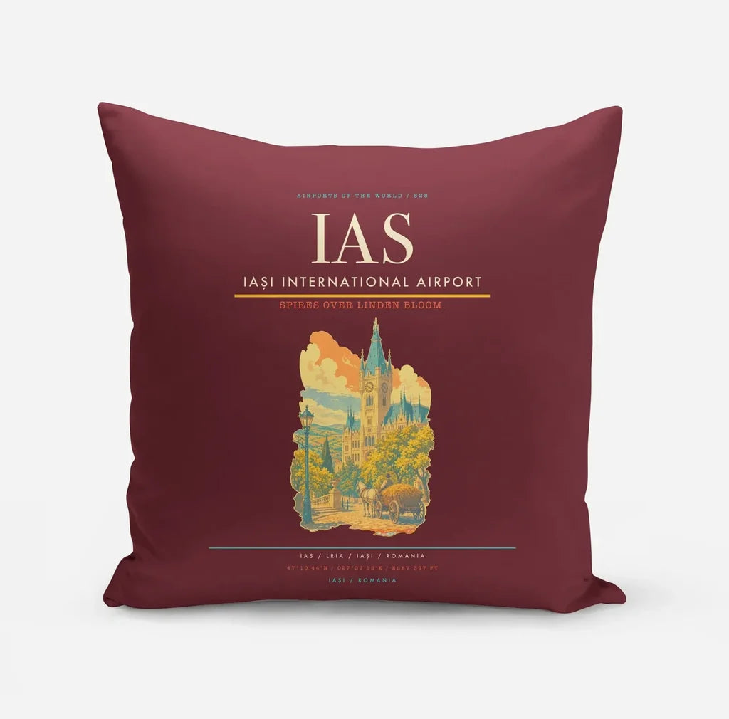 Iași International Airport (IAS) design on dark red pillow