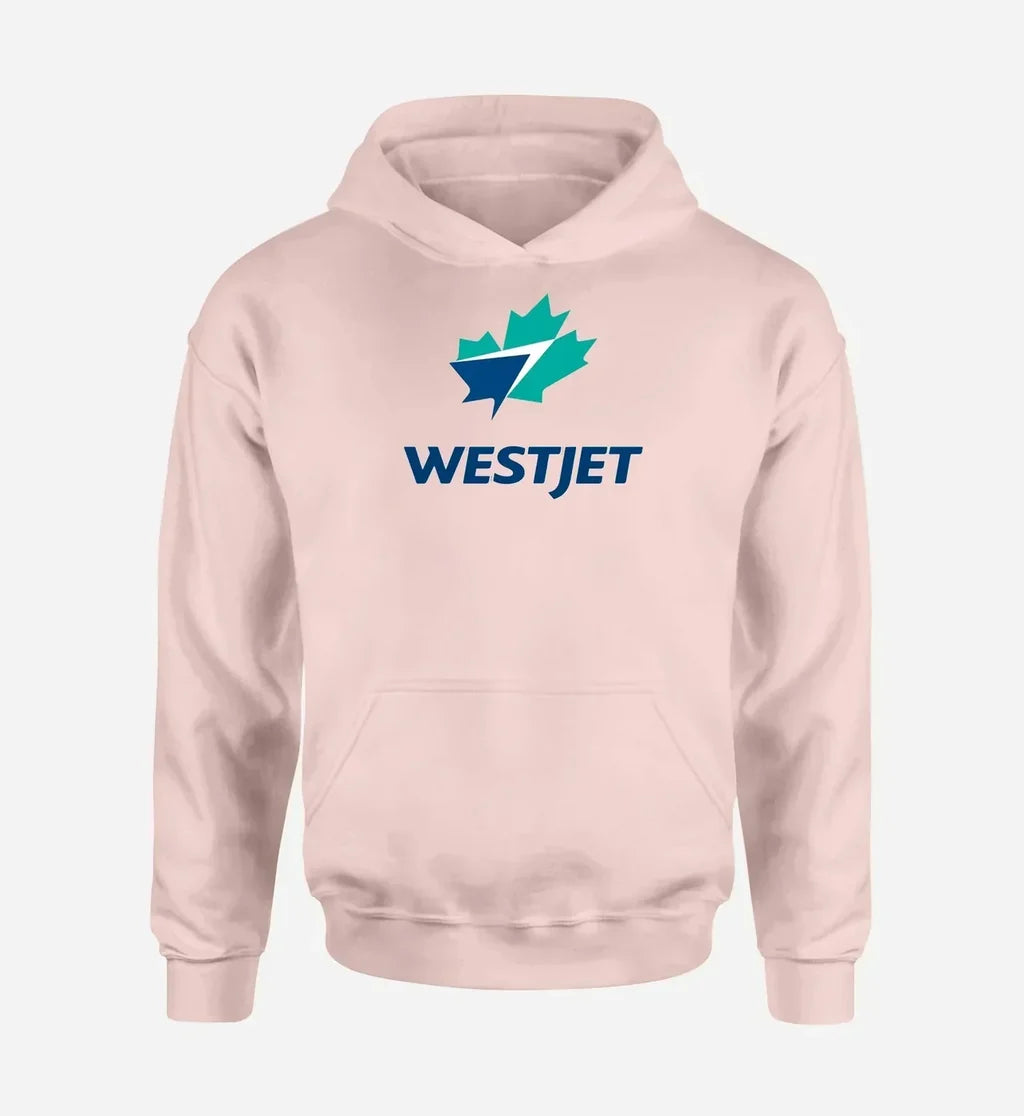 WestJet Airlines logo printed on pink hoodie