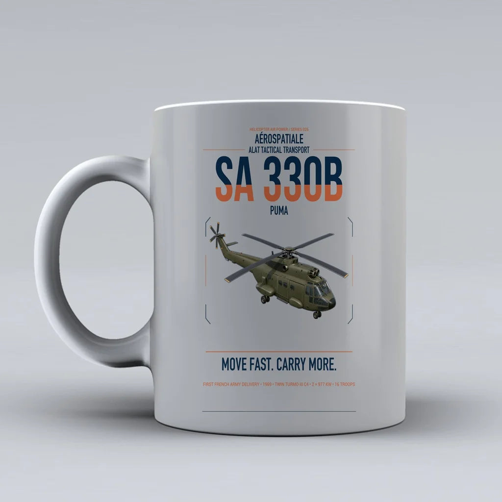 Aérospatiale SA 330B Puma design on light gray ceramic mug, double-side print