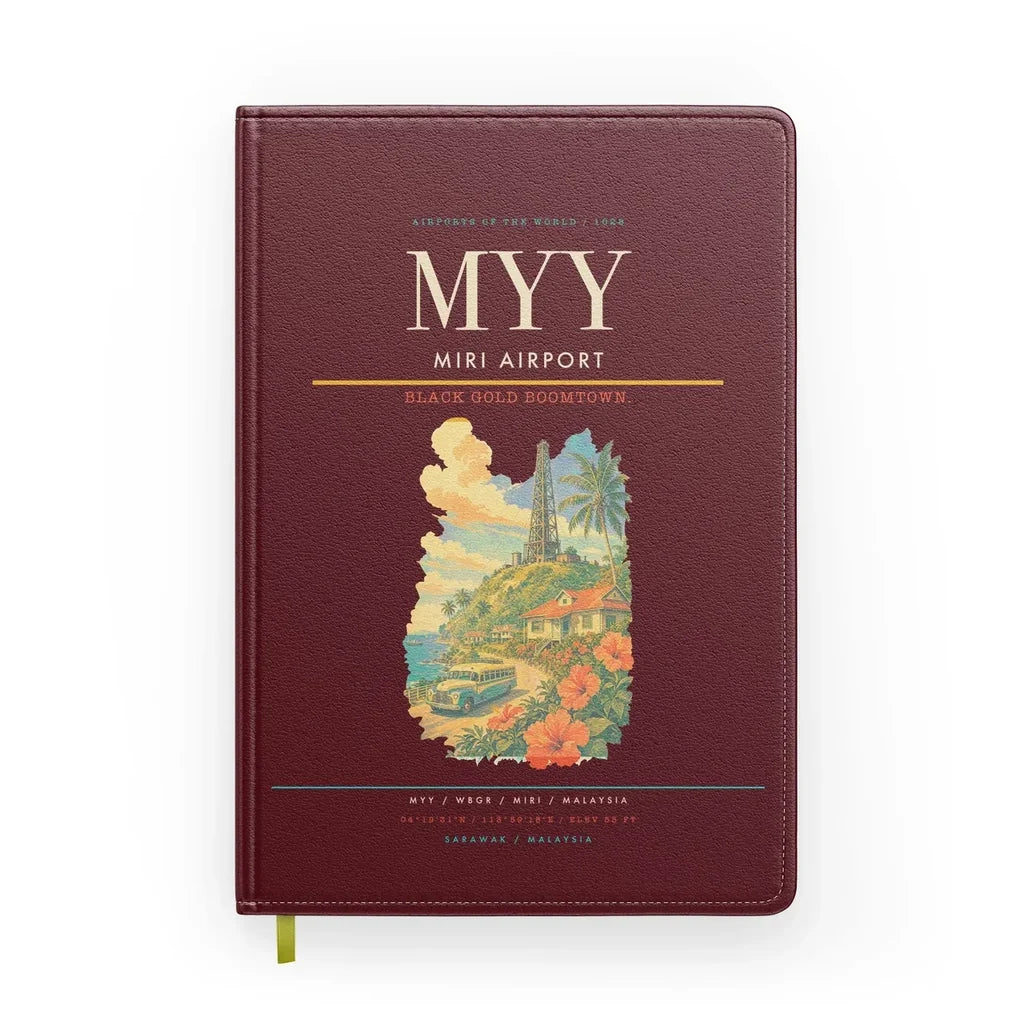 Miri Airport (MYY) design on dark red notebook