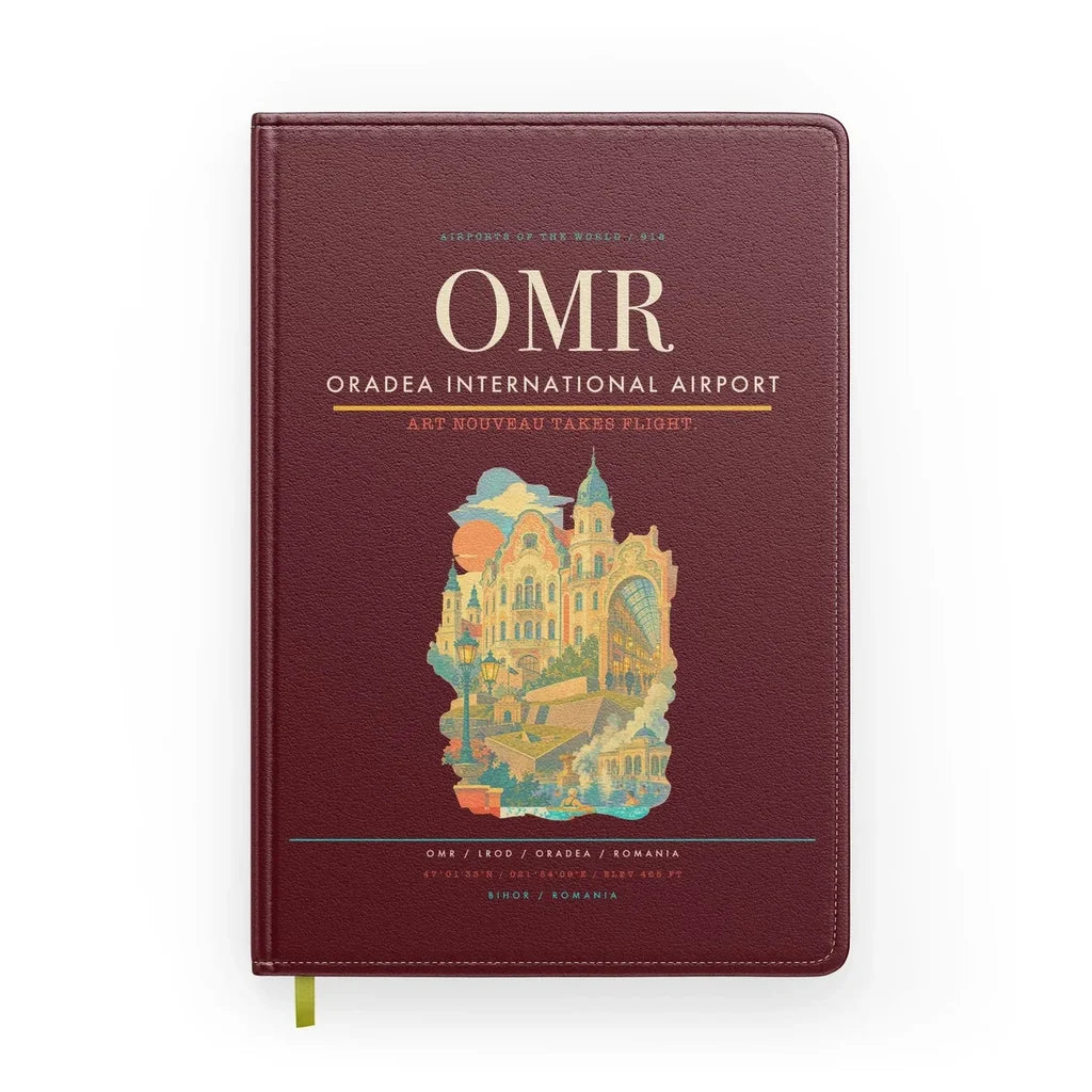 Oradea International Airport (OMR) design on dark red notebook