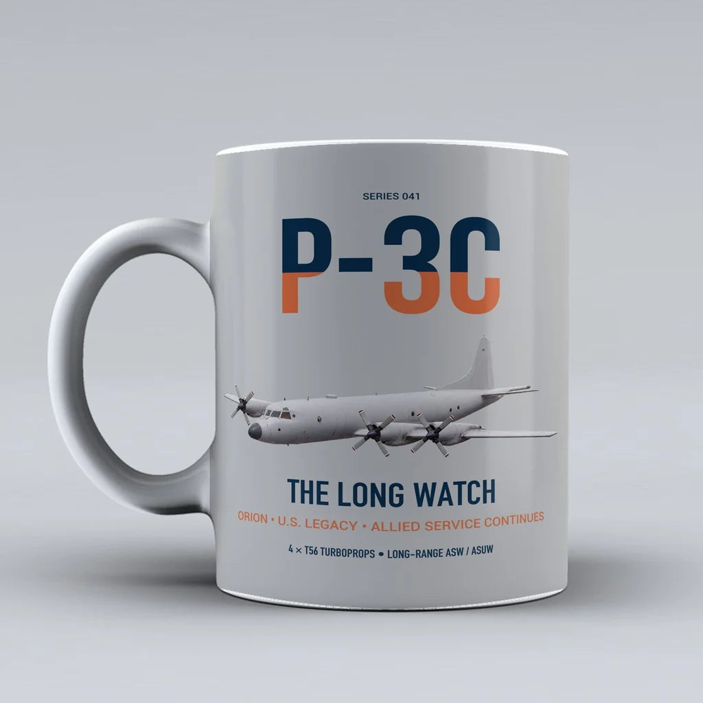 P-3C Orion design on light gray ceramic mug, double-side print